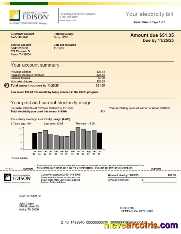 USA Southern California Edison utility bill, version 3